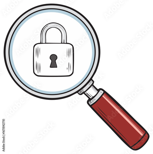 Magnifying glass examining a lock symbol representing security and investigation