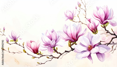 Handpainted Watercolor Magnolia Blossoms on Cream Background