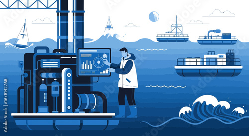 Offshore platform worker monitoring data on screen with surrounding vessels