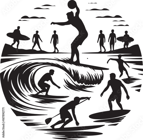 Silhouettes of Surfers and Beach Sports – Vector Set of Coastal Activities