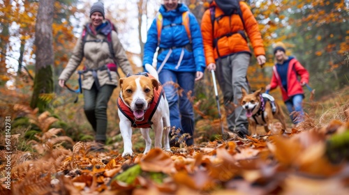 Happy Family & Dogs Hiking in Autumn Forest. Vibrant Fall Leaves on Path, Outdoor Adventure, Active Lifestyle.
