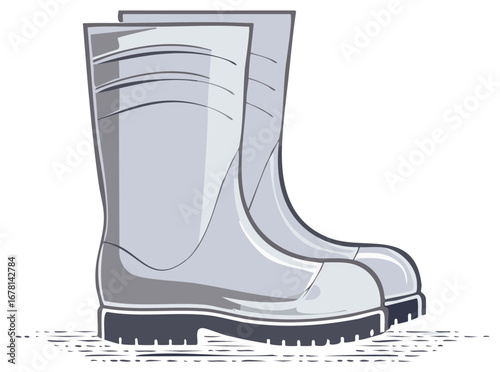 Pair of grey rubber boots with thick soles and horizontal ribbed detailing on a white background
