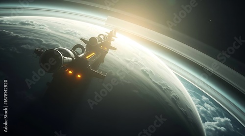 Fototapeta Naklejka Na Ścianę i Meble -  Futuristic Interstellar Cargo Freighter Docking at Orbital Space Station