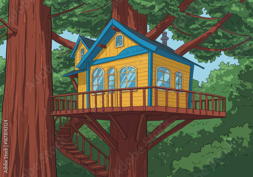 A cartoonish treehouse yellow with blue trim perched in a large tree with a surrounding forest