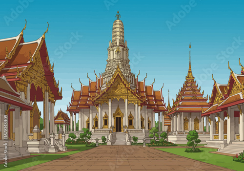 A digital illustration depicts a Thai temple complex under a clear blue sky