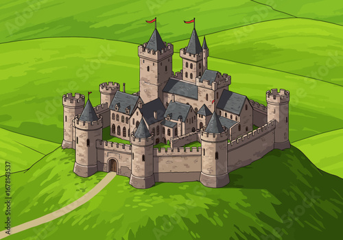 A hilltop castle features stone walls towers roofs and red flags against a backdrop of green fields