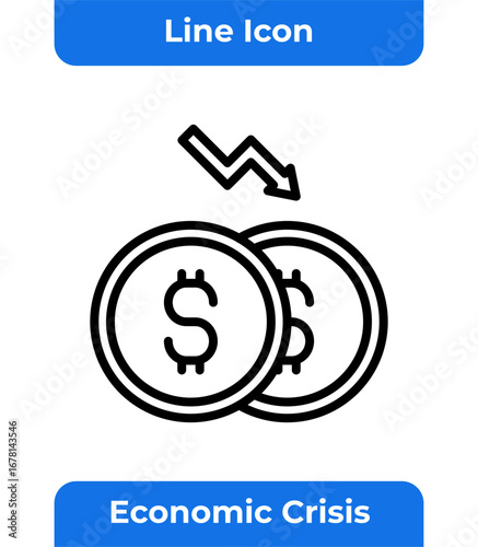 Money Economic Crisis Line Icon, Financial Downturn, Currency Recession, Business Bankruptcy, Money Crash, Global Economic Downfall, Minimalist, Simple, Vector Illustration