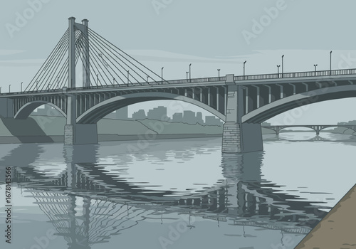 A pixel art depiction of a gray bridge spanning a body of water with city skyline backdrop