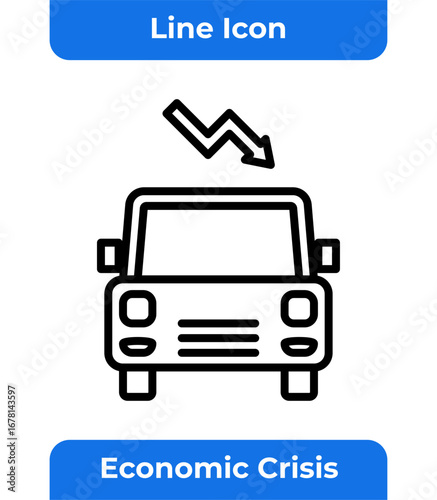 Car Economic Crisis Line Icon, Automotive Industry, Business Downfall, Vehicle Market Recession, Financial Problem, Minimalist, Simple, Flat Design, Vector Illustration