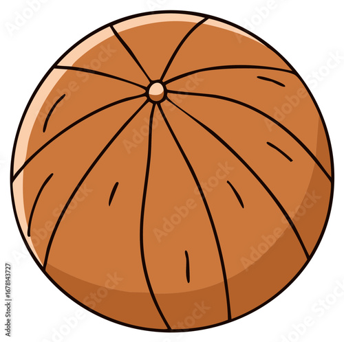 Cartoon style round pumpkin with vertical rib lines, brown toned, flat design with outlines for harvest or Halloween season.