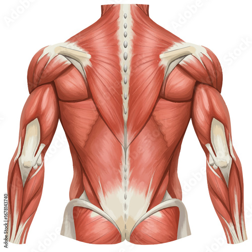 Detailed flat 2D vector illustration showcasing the posterior view of human muscle anatomy, clearly depicting major muscle groups and tendons isolated on a clean white background.