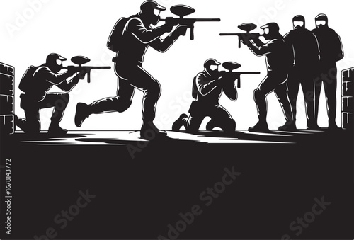 Vector Silhouettes of Paintball and Airsoft Players – Action Poses in Black on White