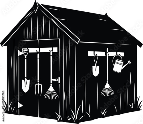 Black and White Garden Shed with Tools Hanging, Gardening Equipment