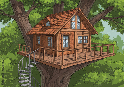 A wooden treehouse with a brown shingled roof and a spiral staircase is nestled in a large tree surrounded by green foliage