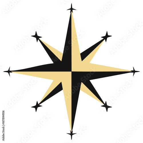 Vintage style gold and black eight pointed compass rose star for navigation and exploration