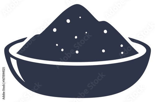 Dark silhouette icon of a kitchen bowl overflowing with a heap of finely granulated sugar or spice powder