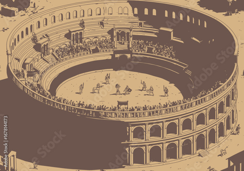 Arena depiction Gladiators clash spectators watch from tiered seating architectural details define the structure