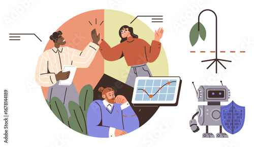 Team members brainstorming and celebrating with charts, declining plant, robotic AI with shield. Ideal for teamwork, innovation, environmental care, future tech, problem-solving, progress and AI