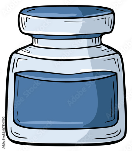 A glass bottle with blue liquid, a classic inkwell or medical vial cartoon illustration