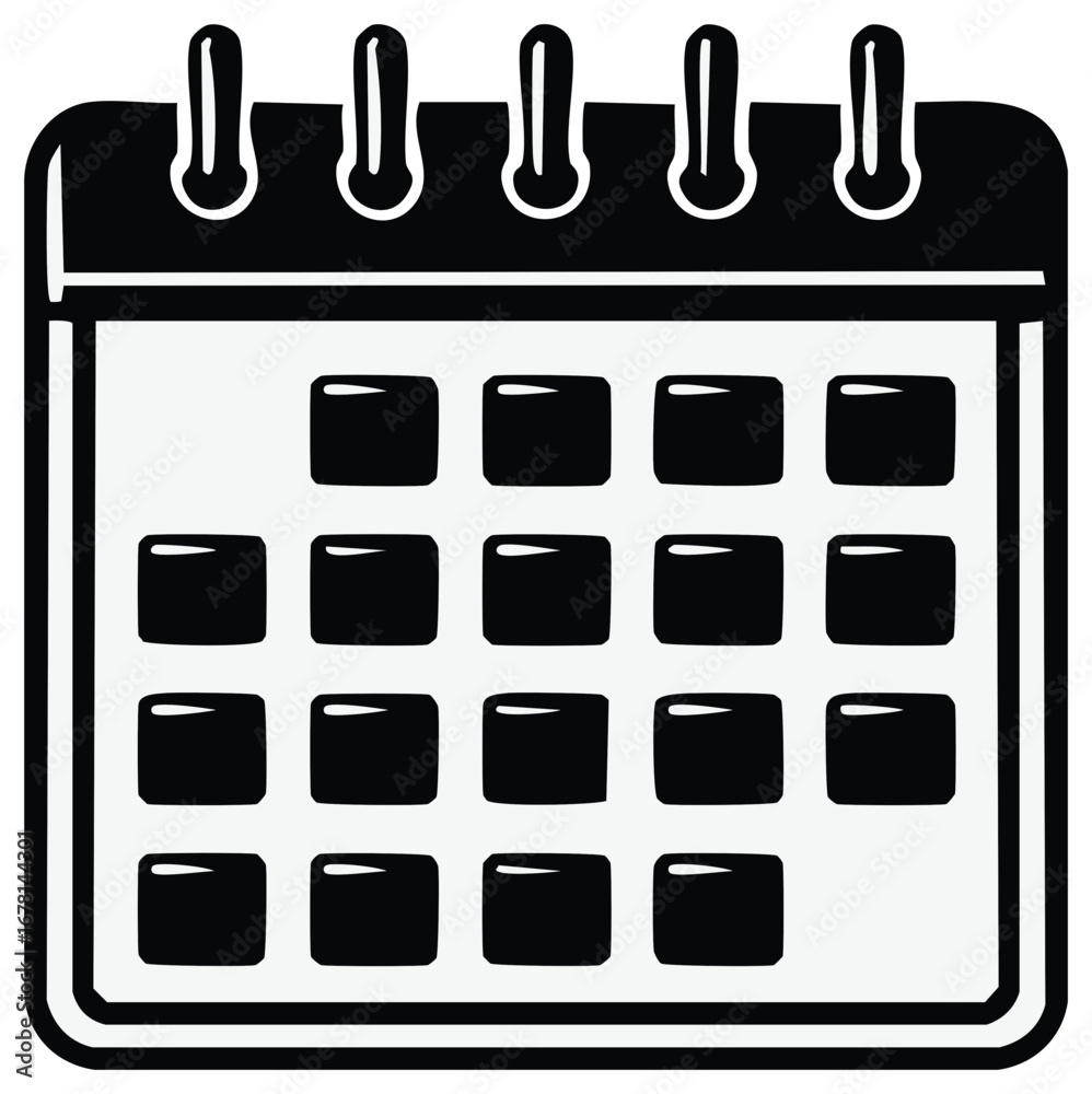Black and white icon of a calendar with spiral binding at the top Black and white icon of a calendar with spiral binding at the top