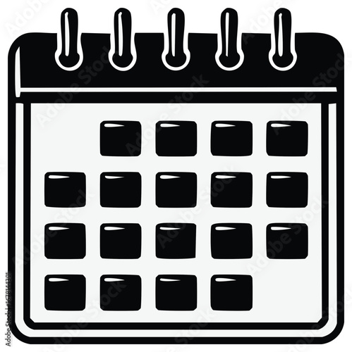 Black and white icon of a calendar with spiral binding at the top