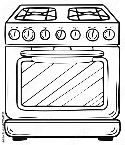 Hand Drawn Kitchen Stove with Oven and Cooktop Elements for Cooking and Baking