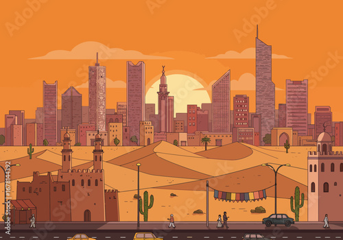 Cartoon cityscape shows Riyadh Saudi Arabia with modern skyscrapers behind traditional buildings  desert terrain