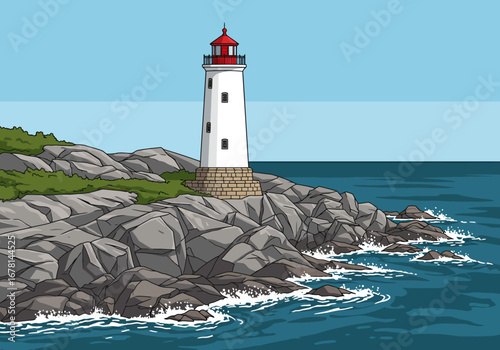 Coastal lighthouse on rocky shore featuring red top and white tower Waves crash against rocks under blue sky