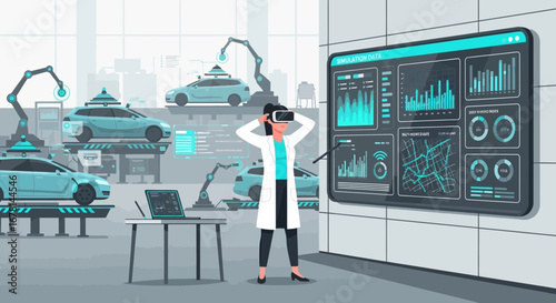 Futuristic car manufacturing plant with vr technology and simulation data