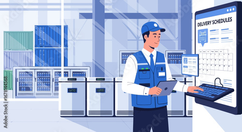 Efficient warehouse worker managing delivery schedules with digital tools and technology