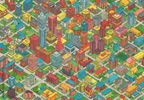 Colorful isometric city view with diverse buildings roads and green spaces