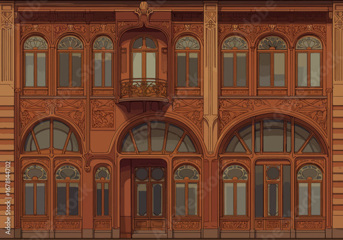 Elaborate redbrown building facade featuring arched windows ornate carvings and a small balcony
