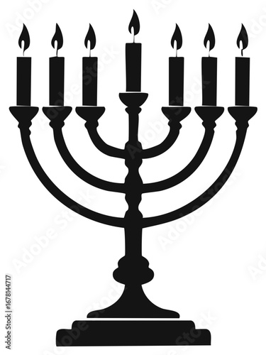 Silhouette of a Menorah with seven lit candles and a central stem, vector illustration