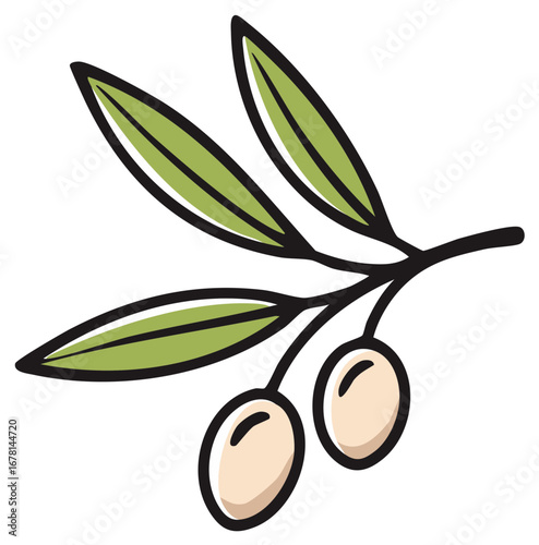 Olive Branch Illustration with Two Olives Green Leaves and Black Outlines Symbol