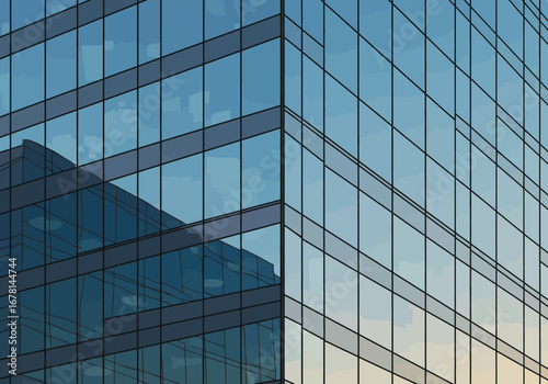 Glass building corner blue panes grey frames reflecting sky