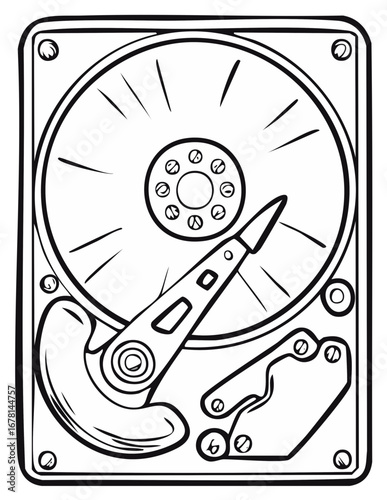 Illustration of a computer hard disk drive mechanical components and internal structure