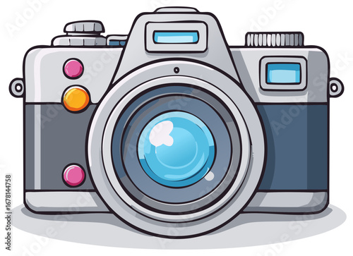 Retro film camera cartoon illustration with shiny lens and colorful buttons