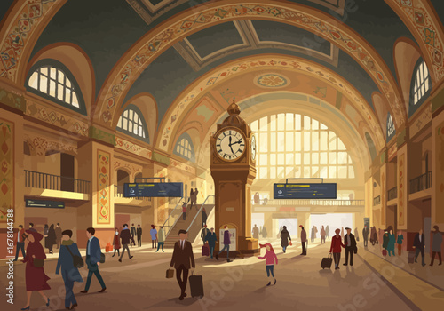 Grand train station hall with commuters large clock arched windows and detailed ornamental architecture
