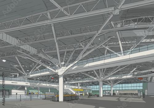 Industrial interior with structural beams columns and minimal human figures
