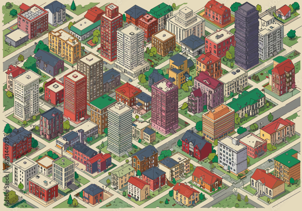 Fototapeta premium Isometric cartoon city rendering with various buildings roads and trees in a gridlike layout