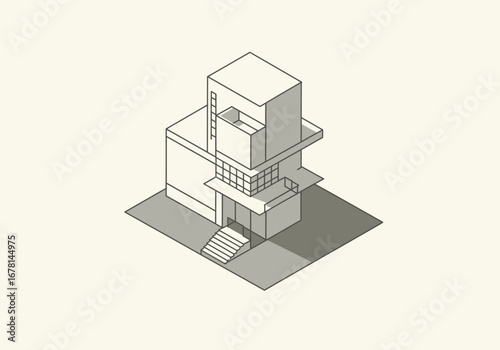 Isometric view of a multistory modern house with clean lines simple shapes and a surrounding paved area