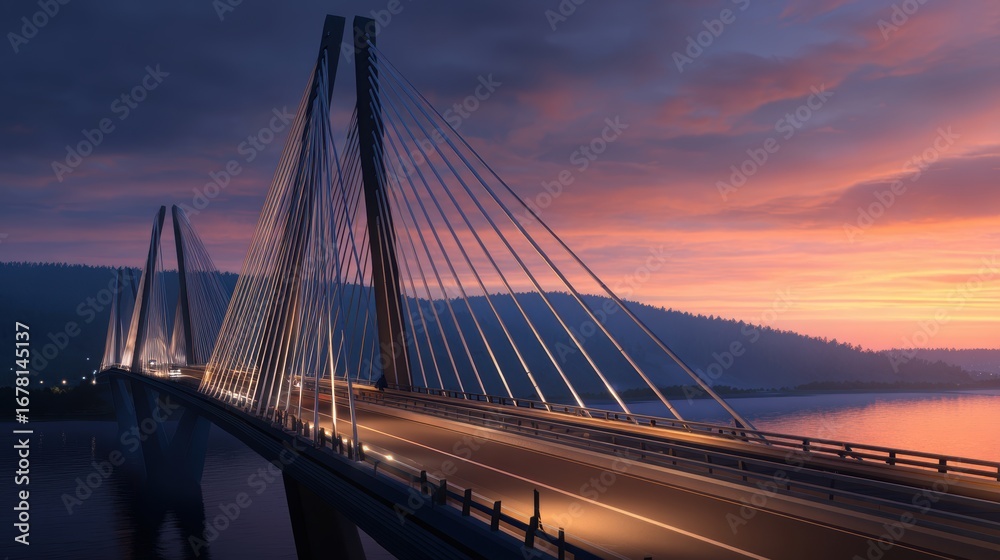 Fototapeta premium Stunning sunset view of a cable-stayed bridge over a calm river, with mountains in the background