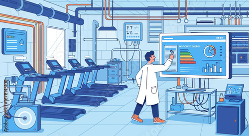 Cartoon illustration of a scientist in a lab analyzing energy data from treadmills