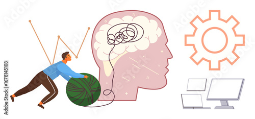 Person untangling yarn connected to a brain outline with a gear and monitors nearby. Ideal for problem-solving, organization, focus, mental clarity, productivity, cognitive processes, strategy