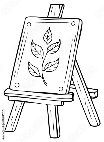 Artist's easel with a simple drawing of a leafy branch in black and white outline