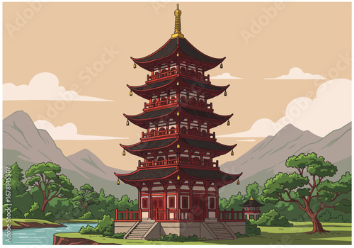 Red  black pagoda multitiered with river mountains trees  cloudy sky