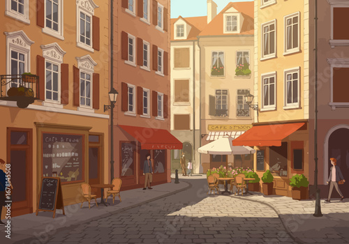 Quaint European street scene cafes buildings cobblestone street pedestrians sunny day