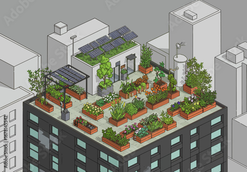 Rooftop garden atop a building featuring planters with diverse flora solar panels and water tank