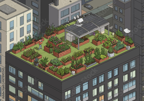 Rooftop garden on a building featuring various plants and a person tending to them