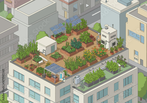 Rooftop garden on an urban building featuring raised beds solar panels and a water collection system